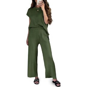 Tankaneo Womens Sweater Lounge Sets Knit Cap Sleeve Vest Tops and Pleated Pants 2 Piece Outfits Matching Suits