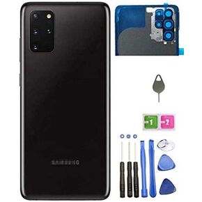 غطاء خلفي زجاجي بديل لهاتف Galaxy S20 Plus مع عدسة كاميرا وشريط مثبت مسبقًا لهاتف Samsung Galaxy S20 Plus S20+ مع أدوات (أسود كوني)