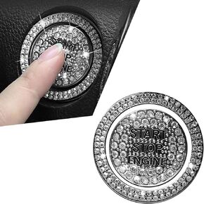 2 PCS Bling Car One-Button Start Button Outer Ring Sticker, Self-Adhesive Sparkling Rhinestones Fully Protect Button Anti-Scratch Cover, Decorative Accessory, Suitable for Most Cars (White)