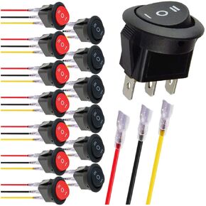 16 قطعة مفتاح هزاز مستدير أحمر LED 12 فولت 20 أمبير 3 دبابيس سلكية LED ضوء تشغيل وإيقاف مفتاح SPST مضاء لسيارة شاحنة RV مركبة بحرية يخت قارب، مع 48 قطعة من الأسلاك الطرفية المغلقة