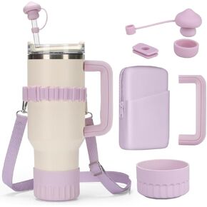 Accessories for Purple Stanley Cup, Water Bottle Phone Holder, Cup Carrying Strap, Silicone Handle Protector, Tumbler Cup Pouch Bag, Silicone Boot and Straw Cap Cover Set for Stanley