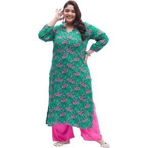 Tissu Mother's Day Gifts Women's Plus Size Dark Green & Pink Printed Kurta with Palazzo