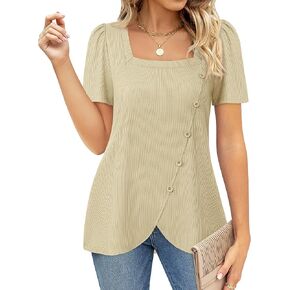 VALOLIA Women's Short Sleeve Tops Square Neck Shirts for Women Buttons Side Tulip Hem T-Shirts