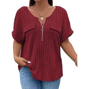 Womens Plus Size Short Sleeve Zipper V Neck Tops Loose Fit Tunic Shirts Summer 2XL-5XL