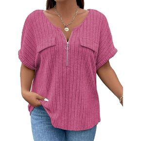 Womens Plus Size Short Sleeve Zipper V Neck Tops Loose Fit Tunic Shirts Summer 2XL-5XL in Saudi Arabia
