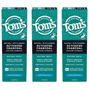 Tom’s of Maine Natural Activated Charcoal Toothpaste with Fluoride, Peppermint, 4.0 Oz (Pack of 3)