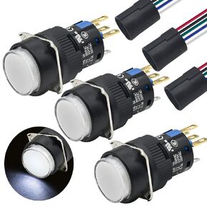 16mm Latching Push Button Switch Round Cap Maintained 0.63" 1NO 1NC SPDT ON/Off with 12v LED Light Waterproof 5 Amps with Wire UL Listed 3 Pcs K16-371 (Red, Latching)
