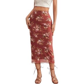 Milumia Women's Boho Floral Print Midi Skirt High Waist Mesh Overlay Pencil Skirts