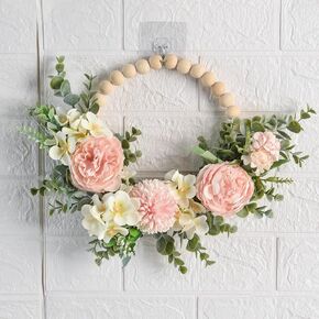 Wood Bead Floral Blue Wreath Boho Farmhouse Decor Artificial Flower Peony Hydrangea Eucalyptus Wreath for Front Door Windows Wall Hanging Room Decor 10" (Blue)