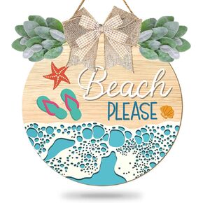 Whaline Beach Wall Decor Welcome Door Sign Summer Beach Please Wooden Hanging Signs with Bow Flip Flop Wood Sign Door Hanger for Beach Theme Party Summer Front Door Home Shop Decor