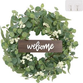 20 Inch Eucalyptus Wreaths for Front Door, Round Greenery Wreath with Green Leaves, Home Decor for Porch Windows Festival Garden Farmhouse, Spring Summer Indoor Outdoor Decoration
