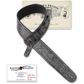 Walker & Williams LIF-02 Black Handmade Leather Padded Guitar Strap with Western Sheridan Tooling For Acoustic, Electric, And Bass Guitars