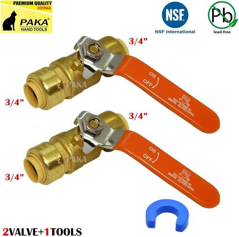PAKA TOOLS صمام كروي يعمل بالدفع للتوصيل، صمام مياه مناسب للدفع مقاس 3/4 بوصة × 3/4 بوصة مع مشبك فصل، صمام سباكة دفع مناسب بالكامل للمنفذ PEX، النحاس، CPVC، PE-RT، النحاس (2- علية) in Kuwait