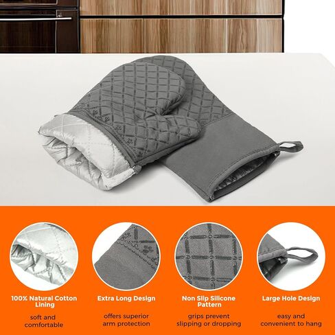 قطعتان من قفازات الفرن المقاومة للحرارة للمطبخ، وقفازات فرن المطبخ، وقفازات فرن طويلة وحامل وعاء مع شريط سيليكون غير قابل للانزلاق وبطانة قطنية ناعمة، قفازات فرن من السيليكون للطهي والخبز وقفازات الشواء in Kuwait