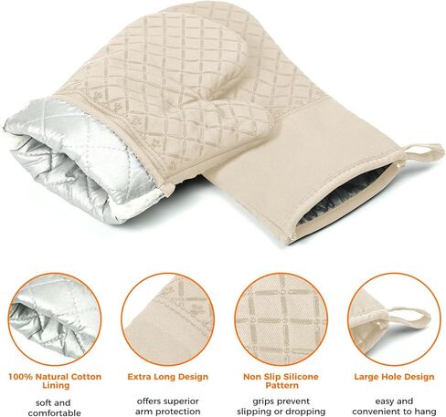 قطعتان من قفازات الفرن المقاومة للحرارة للمطبخ، وقفازات فرن المطبخ، وقفازات فرن طويلة وحامل وعاء مع شريط سيليكون غير قابل للانزلاق وبطانة قطنية ناعمة، قفازات فرن من السيليكون للطهي والخبز وقفازات الشواء in Kuwait