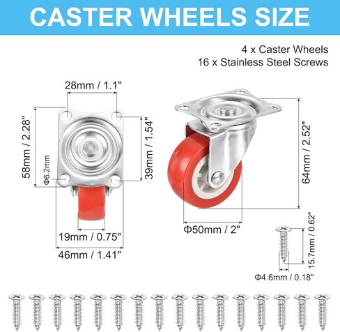 PATIKIL 2" Swivel Caster Wheels, 4 Pack Silent 360 Degree Bearing Rolling Plate Casters with M5 Screws Load Capacity 132Lbs for Furniture Workbench Cart, Red (NO Brake) in Kuwait
