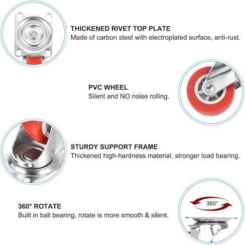 PATIKIL 2" Swivel Caster Wheels, 4 Pack Silent 360 Degree Bearing Rolling Plate Casters with M5 Screws Load Capacity 132Lbs for Furniture Workbench Cart, Red (NO Brake) in Kuwait