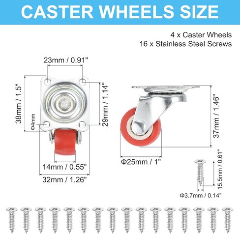 PATIKIL 2" Swivel Caster Wheels, 4 Pack Silent 360 Degree Bearing Rolling Plate Casters with M5 Screws Load Capacity 132Lbs for Furniture Workbench Cart, Red (NO Brake) in Kuwait