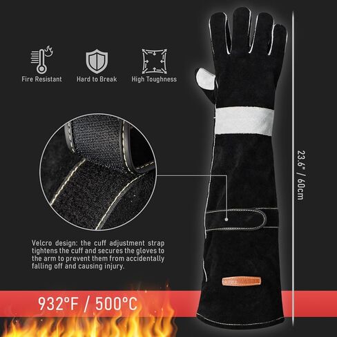 YESWELDER 16 بوصة، 932 درجة فهرنهايت، قفازات لحام جلدية من نوع MIG، مع خياطة كيفلار مقاومة للحرارة/الحريق، معززة لراحة اليد، أسود-رمادي in Kuwait