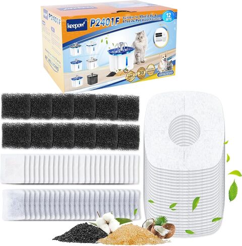 KEEPOW Reusable Design 1+12 Sets Replacement Filters Compatible with Veken 67oz, 95oz, 135oz Automatic Pet Fountain Filters Replacement, Cat Water Fountain Filters in Saudi Arabia