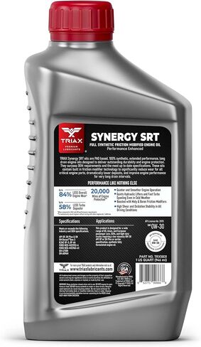 ترياكس التآزر SRT 0W-30؛ زيت محرك PAO-Ester اصطناعي بالكامل، تصريف 20 ألف ميل، معدل احتكاك المولي/البورون، مرخص من API SP، متوافق مع Dex2 Gen 3، حماية 3x من التآكل (1 كوارت) in Saudi Arabia