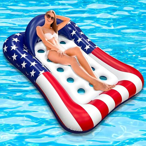 71"x50" Large Tanning Pool Float with Headrest, Patriotic Inflatable Pool Floats Adult American Flag Giant Cooling Water Hammock Tanning Pool Rafts Floatie for 4th of July Pool Party, Lake, Outdoor in Saudi Arabia