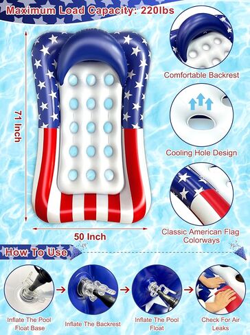 71"x50" Large Tanning Pool Float with Headrest, Patriotic Inflatable Pool Floats Adult American Flag Giant Cooling Water Hammock Tanning Pool Rafts Floatie for 4th of July Pool Party, Lake, Outdoor in Saudi Arabia