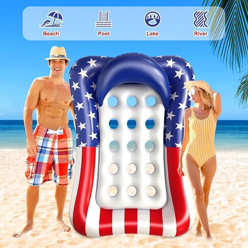 71"x50" Large Tanning Pool Float with Headrest, Patriotic Inflatable Pool Floats Adult American Flag Giant Cooling Water Hammock Tanning Pool Rafts Floatie for 4th of July Pool Party, Lake, Outdoor in Saudi Arabia