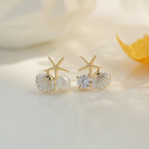 Beach Earrings for Women Tiny Colorful Starfish Seashell Faux Pearl Stud Earrings Rhinestone Wedding Bridesmaid Summer Beach Jewelry Gift for Teen Girls in Saudi Arabia