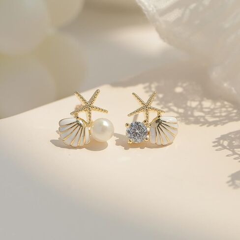 Beach Earrings for Women Tiny Colorful Starfish Seashell Faux Pearl Stud Earrings Rhinestone Wedding Bridesmaid Summer Beach Jewelry Gift for Teen Girls in Saudi Arabia