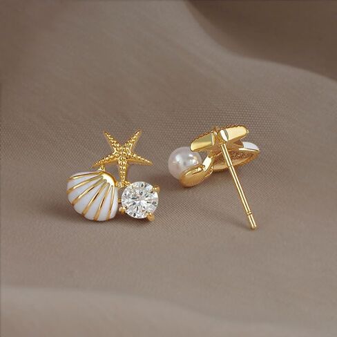 Beach Earrings for Women Tiny Colorful Starfish Seashell Faux Pearl Stud Earrings Rhinestone Wedding Bridesmaid Summer Beach Jewelry Gift for Teen Girls in Saudi Arabia