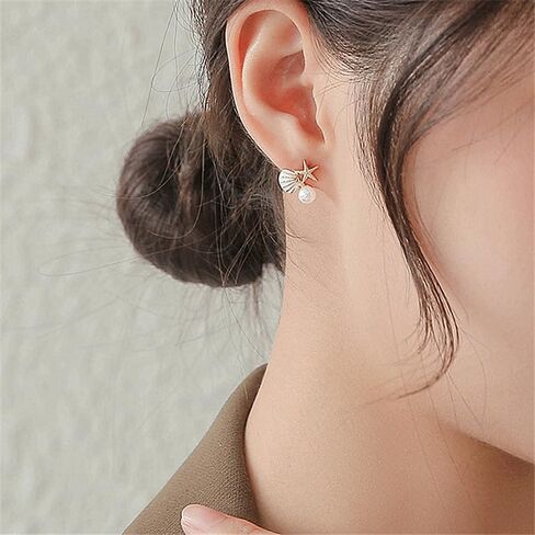 Beach Earrings for Women Tiny Colorful Starfish Seashell Faux Pearl Stud Earrings Rhinestone Wedding Bridesmaid Summer Beach Jewelry Gift for Teen Girls in Saudi Arabia
