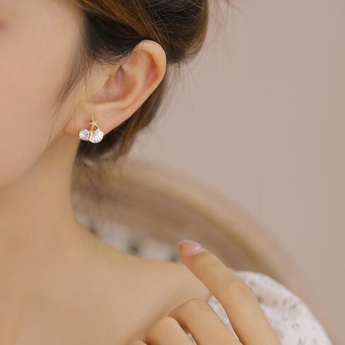 Beach Earrings for Women Tiny Colorful Starfish Seashell Faux Pearl Stud Earrings Rhinestone Wedding Bridesmaid Summer Beach Jewelry Gift for Teen Girls in Saudi Arabia