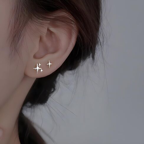 3 Pairs 925 Sterling Silver Stud Earrings High Polish Tiny Star Earrings Hypoallergenic Asymmetric Earrings for Women Girls in Saudi Arabia