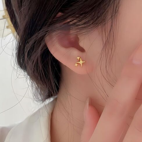 3 Pairs 925 Sterling Silver Stud Earrings High Polish Tiny Star Earrings Hypoallergenic Asymmetric Earrings for Women Girls in Saudi Arabia