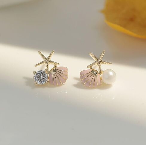 Beach Earrings for Women Tiny Colorful Starfish Seashell Faux Pearl Stud Earrings Rhinestone Wedding Bridesmaid Summer Beach Jewelry Gift for Teen Girls in Saudi Arabia