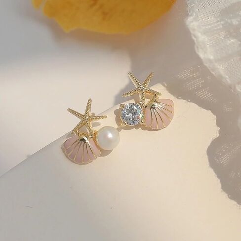 Beach Earrings for Women Tiny Colorful Starfish Seashell Faux Pearl Stud Earrings Rhinestone Wedding Bridesmaid Summer Beach Jewelry Gift for Teen Girls in Saudi Arabia