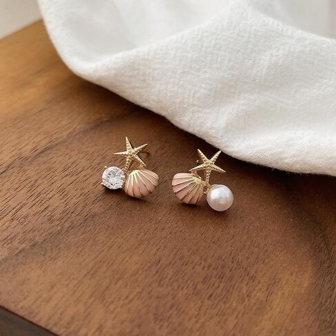 Beach Earrings for Women Tiny Colorful Starfish Seashell Faux Pearl Stud Earrings Rhinestone Wedding Bridesmaid Summer Beach Jewelry Gift for Teen Girls in Saudi Arabia