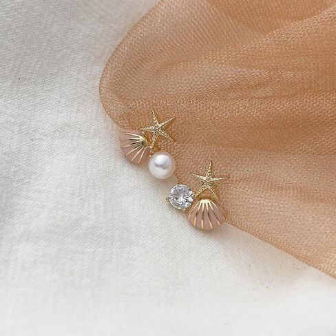 Beach Earrings for Women Tiny Colorful Starfish Seashell Faux Pearl Stud Earrings Rhinestone Wedding Bridesmaid Summer Beach Jewelry Gift for Teen Girls in Saudi Arabia