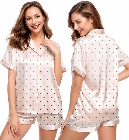 Womens Silk Satin Pajamas Set Short Sleeve Loungewear 2-Piece Sleepwear Button Down Polka Dot Pjs Set in Saudi Arabia