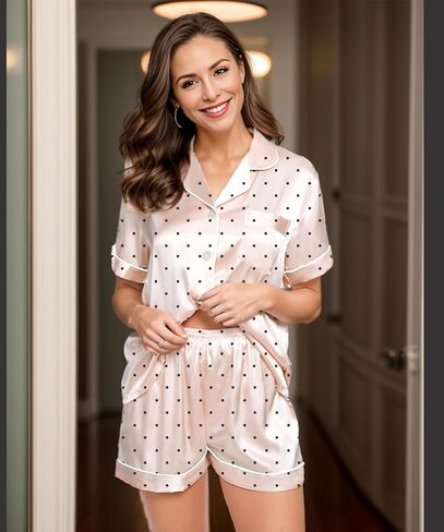 Womens Silk Satin Pajamas Set Short Sleeve Loungewear 2-Piece Sleepwear Button Down Polka Dot Pjs Set in Saudi Arabia