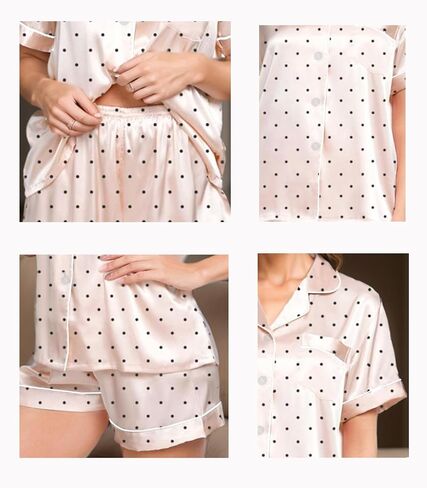 Womens Silk Satin Pajamas Set Short Sleeve Loungewear 2-Piece Sleepwear Button Down Polka Dot Pjs Set in Saudi Arabia