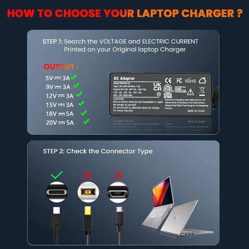 PD 100W 90W USB-C Charger for Laptops - Compatible with HP, ASUS, Samsung, MacBook Pro, Air, iPad Pro, Acer, LG, Razer, Dell, Lenovo Laptop in Saudi Arabia