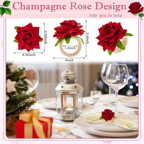 100 Pcs Flower Napkin Rings Red Rose Napkin Rings Handicraft Flower Napkin Rings Red Flower Napkin Holders Buckles Table Decor for Christmas Valentine's Banquet Wedding Birthday Party in Saudi Arabia