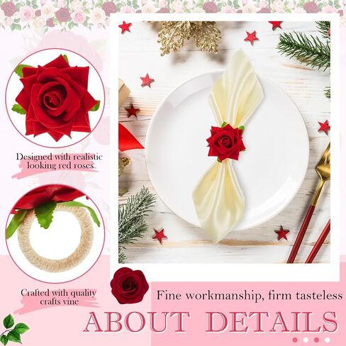 100 Pcs Flower Napkin Rings Red Rose Napkin Rings Handicraft Flower Napkin Rings Red Flower Napkin Holders Buckles Table Decor for Christmas Valentine's Banquet Wedding Birthday Party in Saudi Arabia