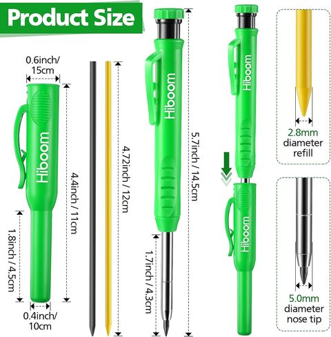 Hiboom Dunkive Carpenter Pencil Set with 12 Refills and Protective Cap, Long Nosed Deep Hole Construction Pencil Built in Sharpener for Carpenter Woodworking Marking Architect Project, Green in Saudi Arabia