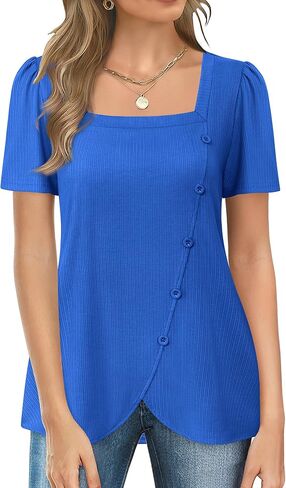 VALOLIA Women's Short Sleeve Tops Square Neck Shirts for Women Buttons Side Tulip Hem T-Shirts in Saudi Arabia