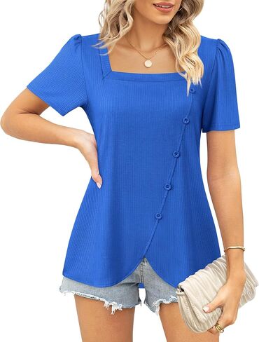 VALOLIA Women's Short Sleeve Tops Square Neck Shirts for Women Buttons Side Tulip Hem T-Shirts in Saudi Arabia