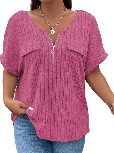 Womens Plus Size Short Sleeve Zipper V Neck Tops Loose Fit Tunic Shirts Summer 2XL-5XL in Saudi Arabia