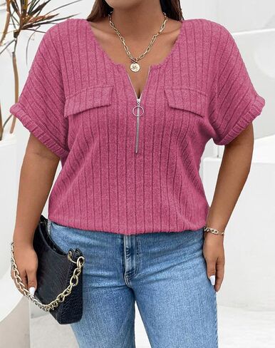 Womens Plus Size Short Sleeve Zipper V Neck Tops Loose Fit Tunic Shirts Summer 2XL-5XL in Saudi Arabia